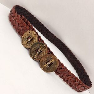 Handmade belt women's 32 brown leather woven concho southwestern folk art ethnic